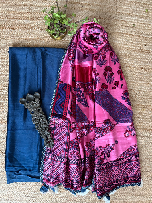 BLUE MASHRU SILK KURTA WITH AJRAKH PATCHWORK  HANDCRAFTED  MODAL SILK DUPATTA PWK-24