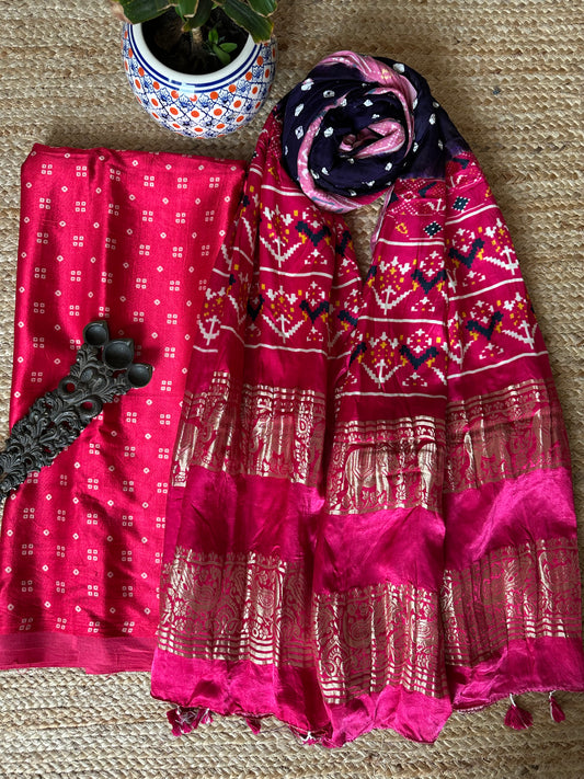 PINK MASHRU KURTA WITH BANDHANI PICHWAI HANDCRAFTED  MODAL SILK DUPATTAS