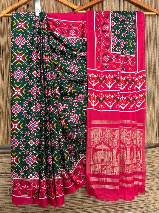 BOTTLE GREEN MODAL SILK PATOLA PRINT SARI WITH ZARI BORDER  PMS- 1016
