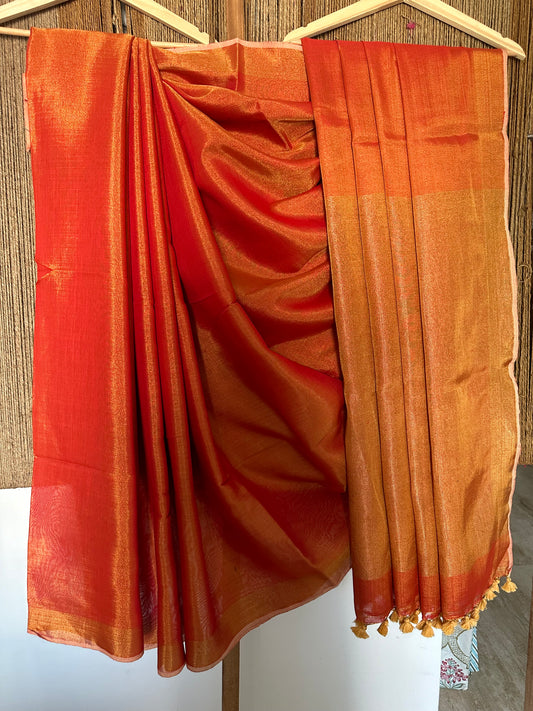 FIRE BRICK RED TISSUE LINEN ZARI SARI WITH WOVEN MAROON BORDER