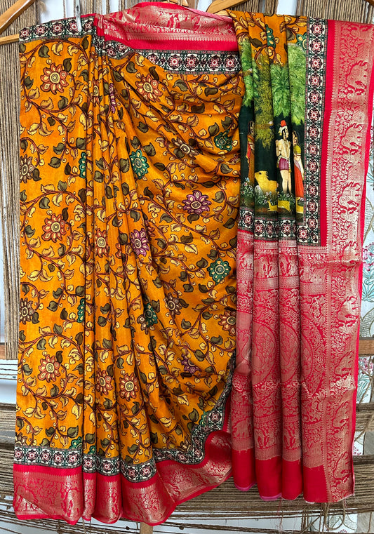 MUSTARD REDDOLA  SILK PICHWAI PRINT ZARI BORDER SARI