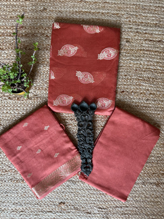 Peach Pink Chanderi handloom Banarsi Booti three piece suit