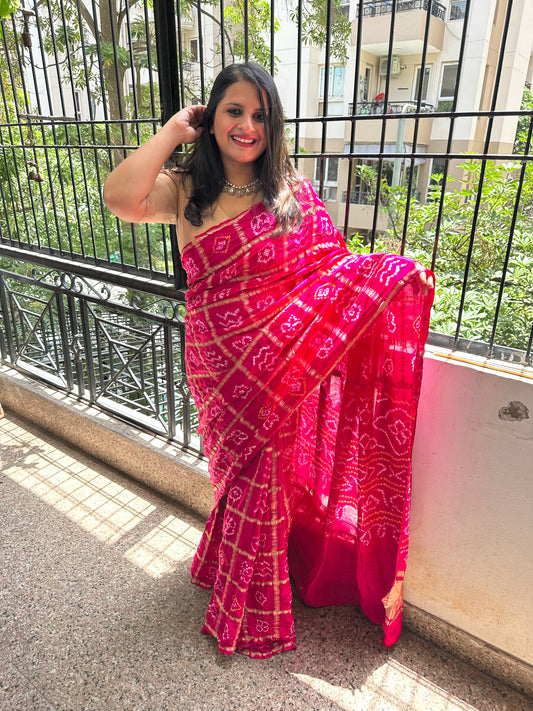 HOT PINK GAJJI SILK RAI BANDHANI  GHARCHOLA SARI