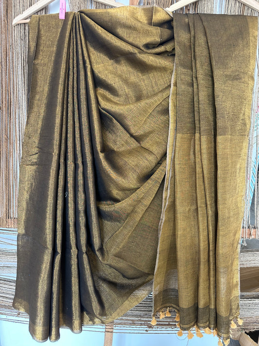 COPPER GREEN TISSUE LINEN ZARI SARI WITH WOVEN RED BORDER