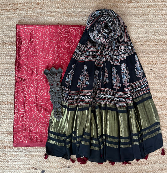 Maroon Mashru Silk Kurta With Black Ajrakh Handcrafted Modal Silk Dupatta