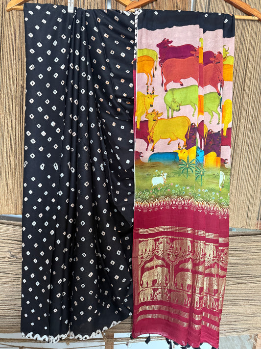 BLACK & MAROON MODAL SILK BANDHANI  SARI WITH PICHWAI PRINT BPS 48