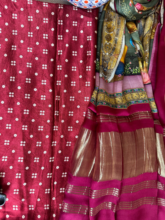 MAROON  MASHRU  SILK KURTA WITH PATOLA PRINT MODAL SILK DUPATTAS