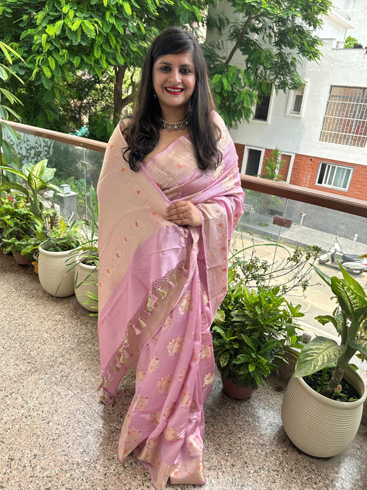 PASTEL PINK BANARASI DUPION SILK CERTIFIED ZARI WOVEN  SARI