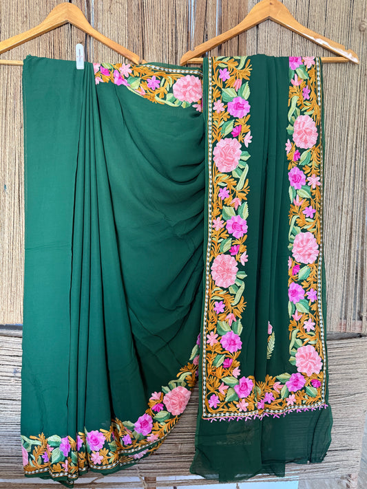 BOTTLE GREEN LOVELY KASHMIRI WORK REDYEABLE PURE GEORGETTE SARI WITH BLOUSE