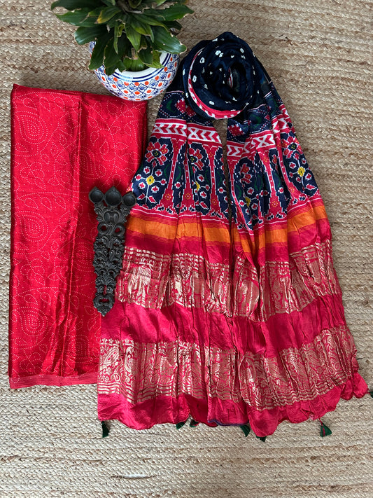 RED MASHRU SILK KURTA WITH BANDHANI PICHWAI HANDCRAFTED  MODAL SILK DUPATTAS PS- 10178