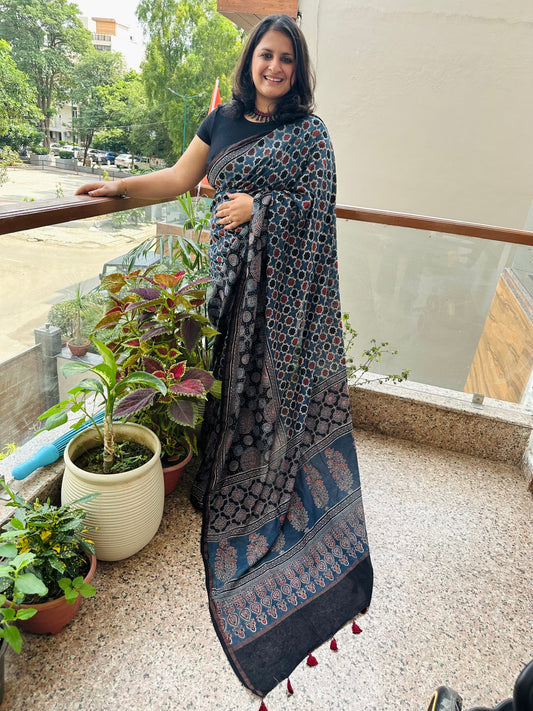 INDIGO CHANDERI SILK AJRAKH SARI