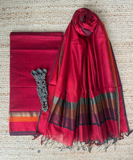 Wine Red  maheshari border silk handloom kurta set
