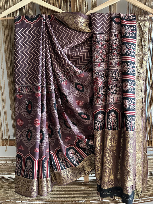 CHIKOO BROWN DOLA  SILK AJRAKH ZARI BORDER SARI