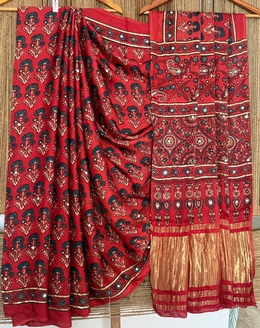MAROON AJRAKH HANDCRAFTED MIRROR WORK MODAL SILK SARI WITH ZARI PALLU