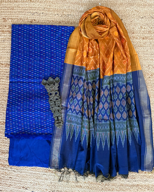 Indigo Blue multi ikkat pure silk cotton hanwoven kurta with Bottom ikkat pure silk patola handwoven dupatta