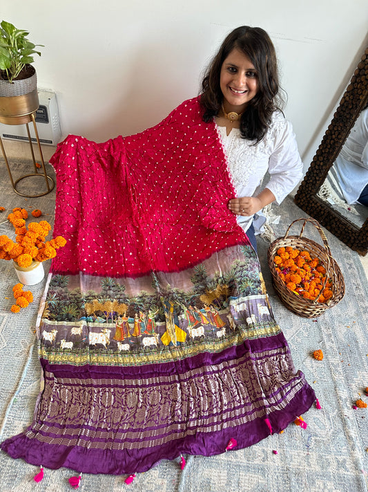 PINK PURPLE SILK BANDHANI DUPATTA WITH PICHWAI PRINT IN NAKSHI BORDER