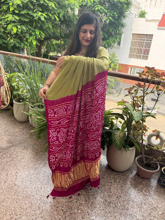OLIVE GREEN & PINK GAJJI SILK RAI BANDHANI CHAKRA THEME GAJJI SARI  BS- 204