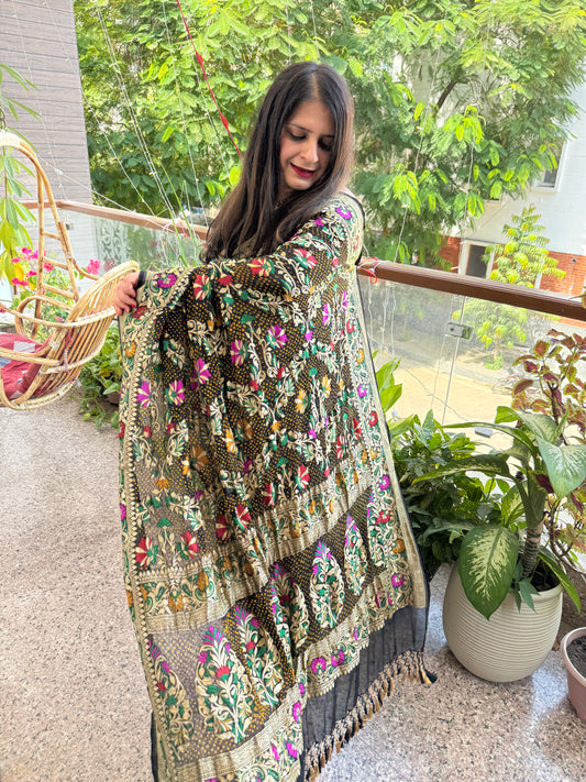 Black Handwoven Rai  Bareek Bandhani Saree Meenakari Jaal with Khaddi Georgette  Mks-2