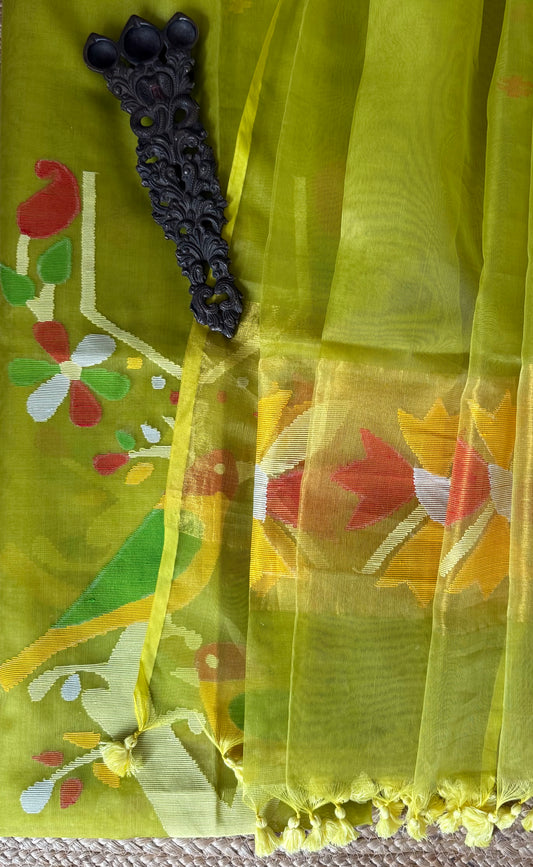 GREEN M&S HANDWOVEN JAMDANI PURE MUSLIN SILK KURTA SET MJK-102