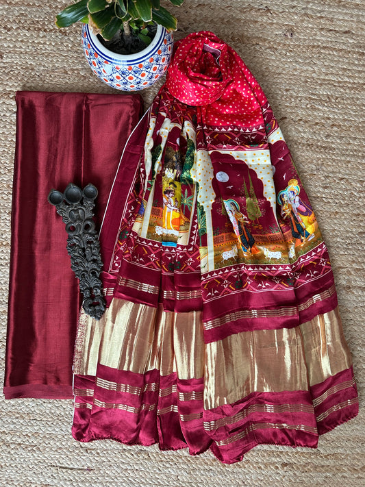 DARK MAROON MASHRU SILK KURTA WITH PATOLA PRINTED MODAL SILK DUPATTAS  PS-25