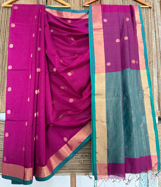 Rani Pink & Teal Blue handloom Cotton silk Jamdani woven sari