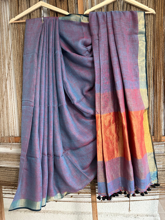 LIGHT PURPLE LINEN SARI WITH WOVEN  BORDER