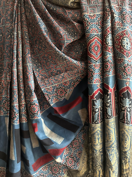 INDIGO BLACK DOLA  SILK AJRAKH ZARI BORDER SARI