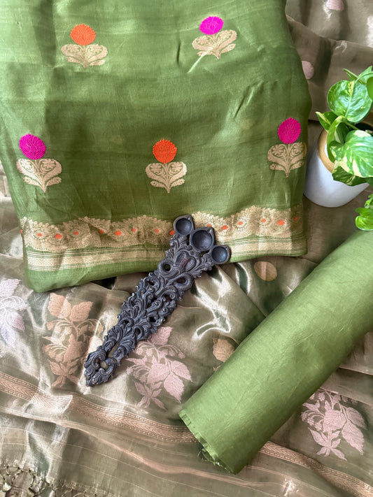 Lawn Green kora silk certified handloom banarsi kadwa booti meenakari three piece suit