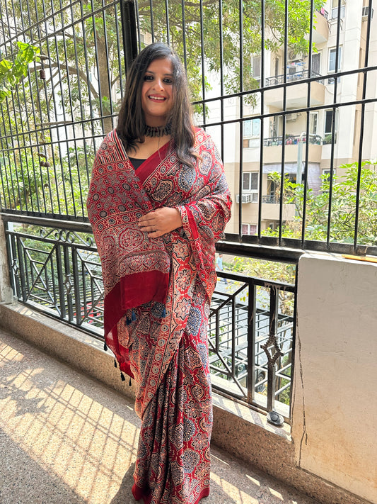 RED MAROON BADAM BUTTA AJRAKH MODAL SILK SARI WITH BORDER