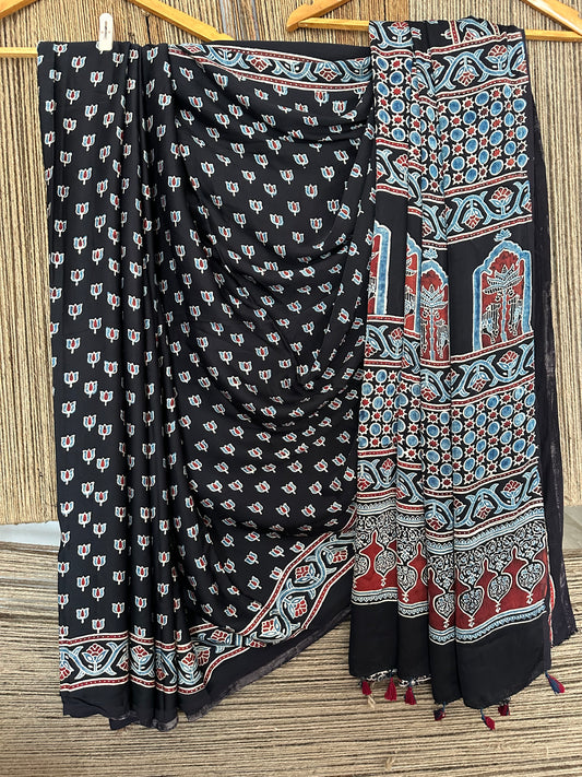 BLACK LOTUS  AJRAKH MODAL SILK SARI WITH BORDER