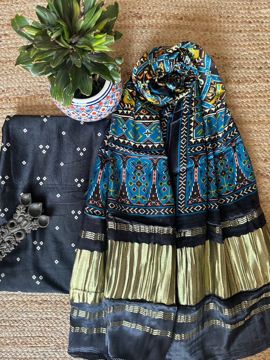 BLACK  TRIANGLE BANDHANI PATOLA PICHWAI MASHRU  SILK KURTA WITH  HANDCRAFTED MODAL SILK DUPATTA