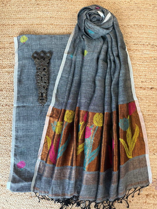 IRON GRAY JAMDANI LINEN  KURTA SET LJS-209