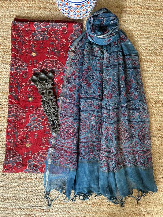 MAROON AJRAKH HANDBLOCK AND HAND EMBROIDERY KURTA WITH KOTA AJRAKH DUPATTA