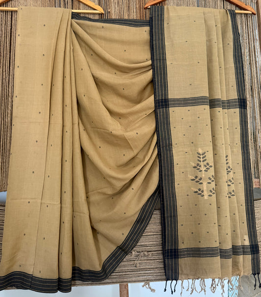 Camel Beige handloom cotton needle jamdani wove sari