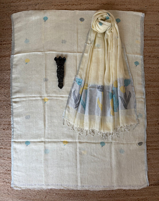 PASTEL YELLOW JAMDANI LINEN  KURTA SET LJS-2010