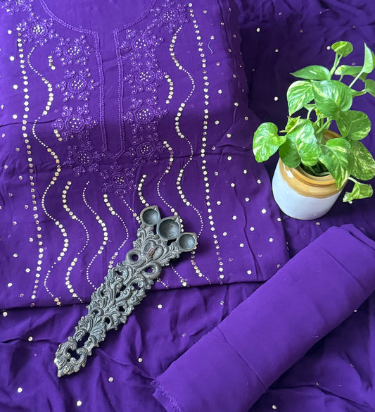 Royal Purple premium mukesh work Georgette lucknowi chickenkari hand embroidery three piece suit
