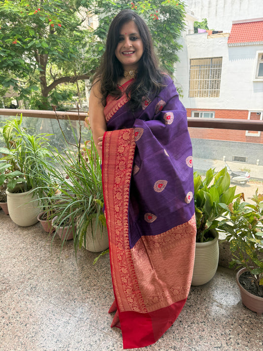 Indigo purple tussar  silk certified  handloom banarsi sari with woven zari