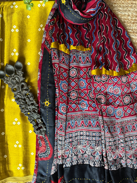 MUSTARD YELLOW MASHRU SILK KURTA WITH AJRAKH PATCHWORK  HANDCRAFTED  MODAL SILK DUPATTA PWK-18