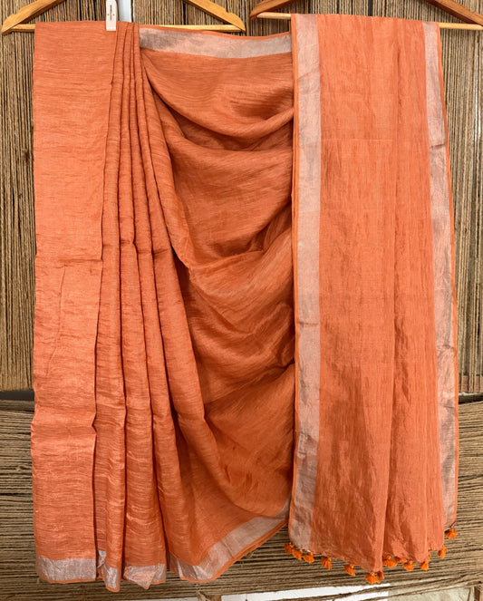 CORAL ORANGE SILVER METALLIC LINEN SARI WITH WOVEN  BORDER AND TASSELS ML-70