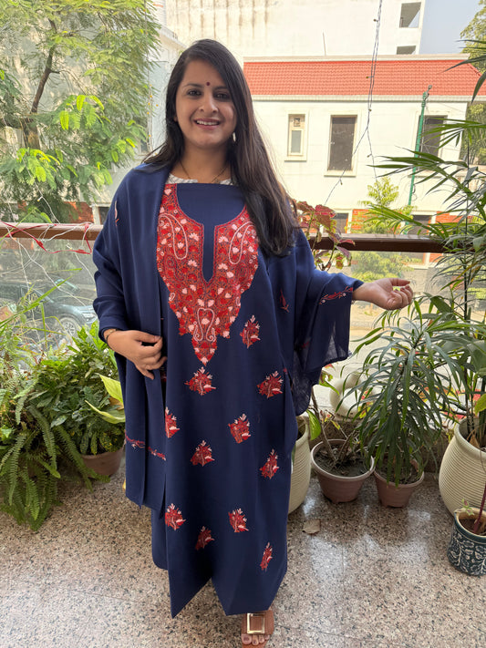 NAVY  BLUE THREE PIECE EMBROIDERED WORK MERINO WOOL UNSTITCHED SUIT SET WITH HAND EMBROIDERY (AARI WORK / SOZNI) WS -3