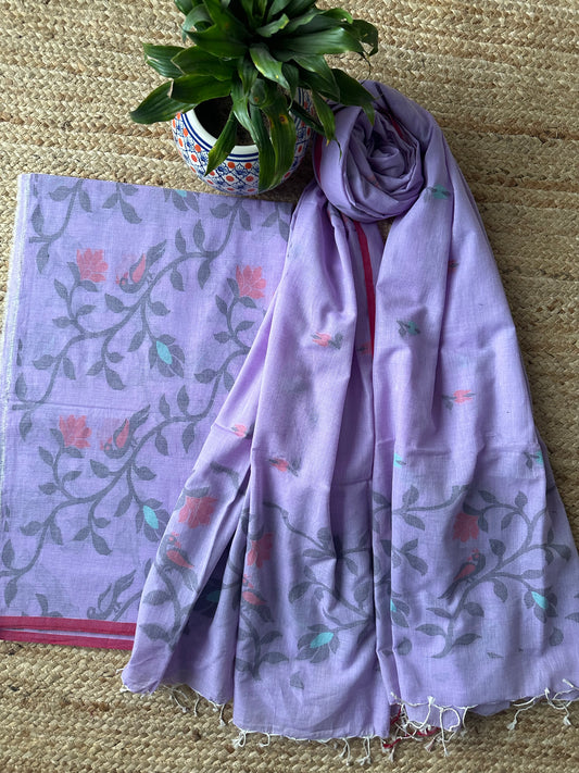 LAVENDER PINK JAMDANI ALL OVER WOVEN MULL KURTA SET