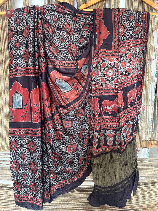 MAROON BLACK AJRAKH MODAL SILK SARI WITH ZARI BORDER