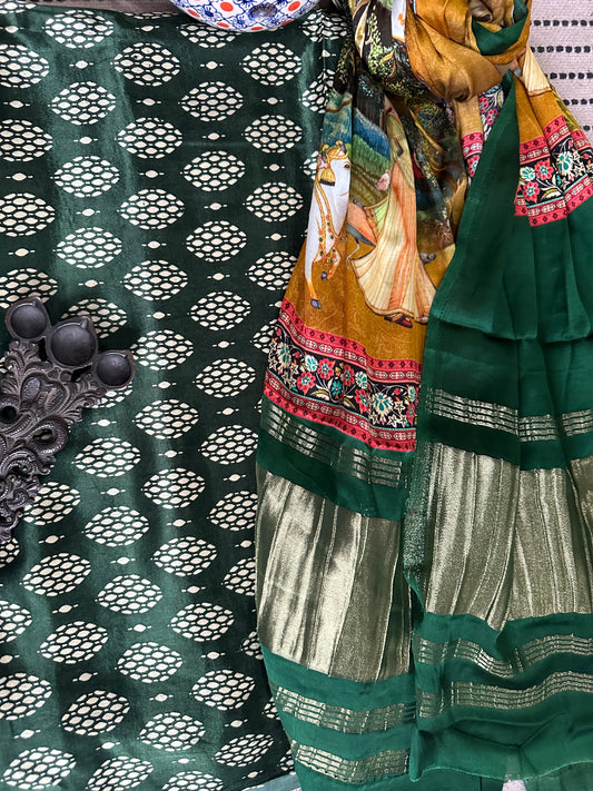 GREEN SILK KURTA WITH PATOLA PRINTED MODAL SILK DUPATTAS