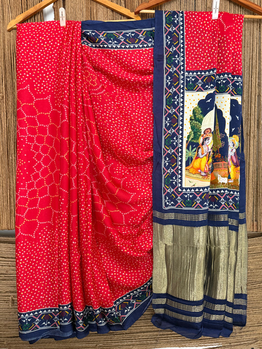 Red  blue  modal silk patola print sari with zari border pms- 1080
