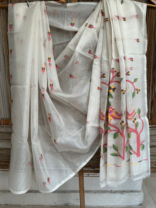 WHITE JAMDANI HANDWOVEN PURE MUSLIN SILK SARI