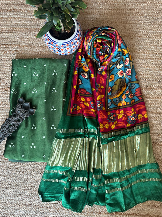 GREEN TRIANGLE BANDHANI PATOLA PICHWAI MASHRU  SILK KURTA WITH  HANDCRAFTED MODAL SILK DUPATTA