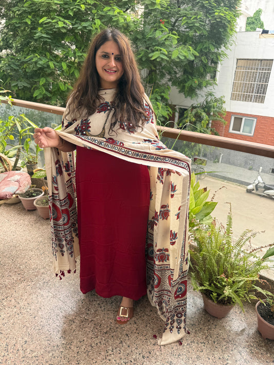 Maroon Modal Silk Kurta With Beige Ajrakh Handcrafted Mirror Work Modal Silk Dupatta