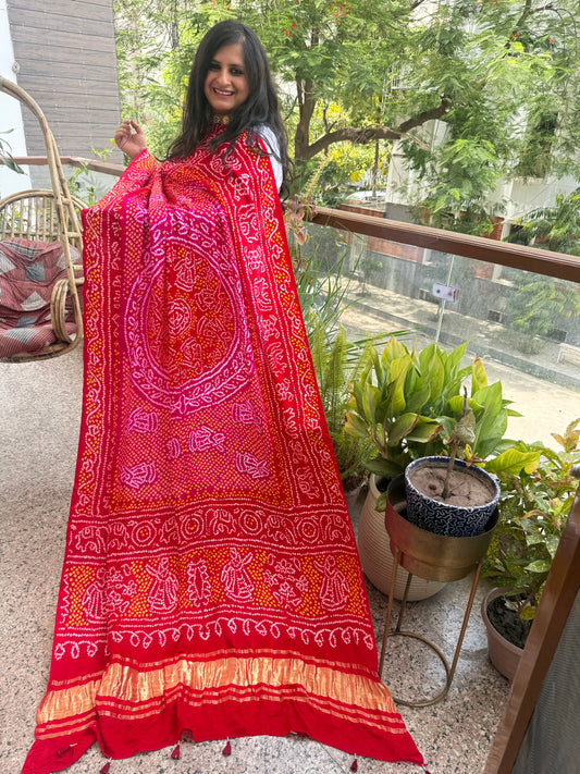 RED  & PINK HANDWOVEN HANDCRAFTED GAJJI SILK CHANDMUKHI DUPATTA