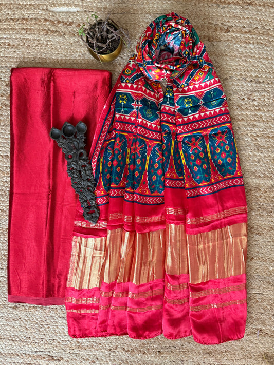 RED SOLID MASHRU SILK KURTA WITH  PATOLA PICHWAI HANDCRAFTED MODALSILK DUPATTA PS-253