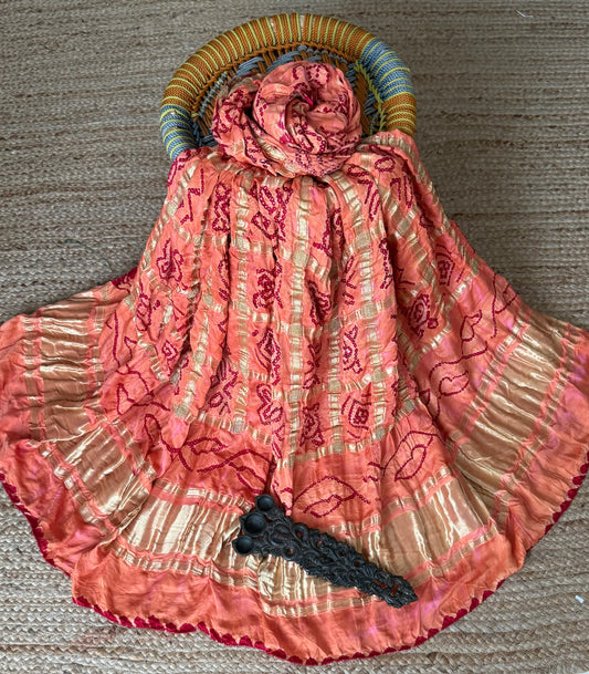 Melon orange gharchola  gajji silk handwoven dupatta